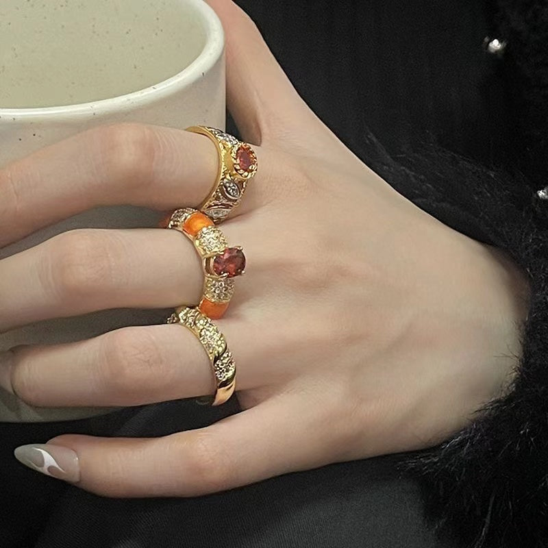 Exclusive custom European retro pigeon blood ruby gold open ring set of three