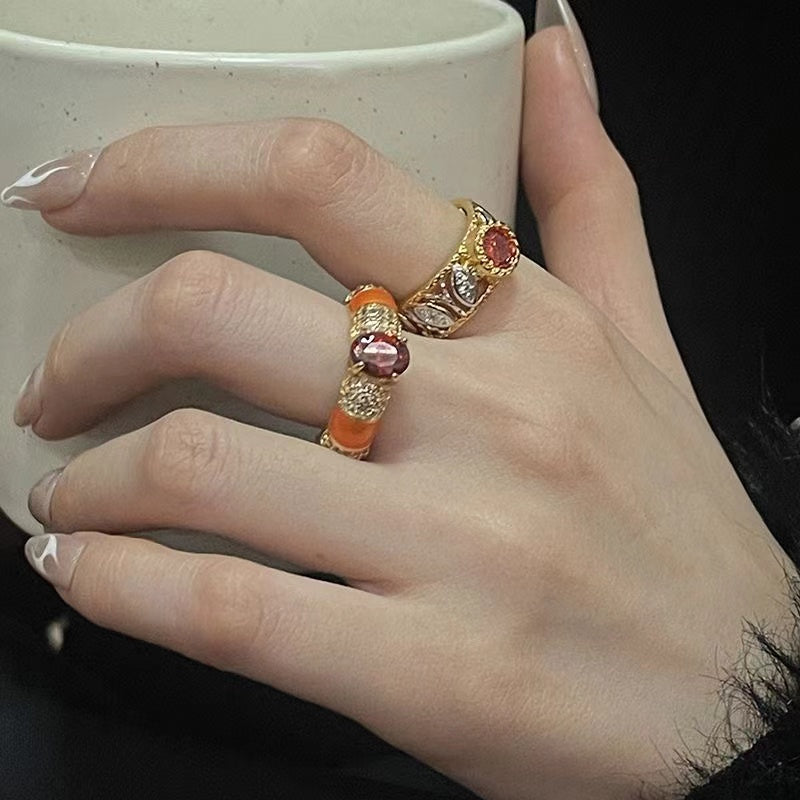 Exclusive custom European retro pigeon blood ruby gold open ring set of three