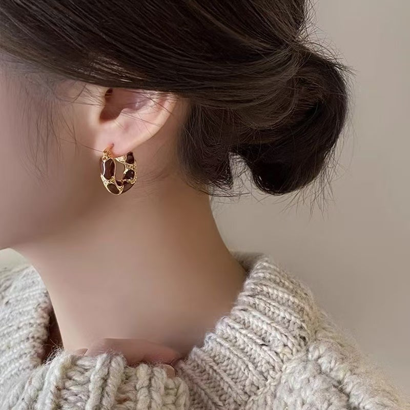 Autumn and winter Maillard tiger eye stone fashion ear clip earrings